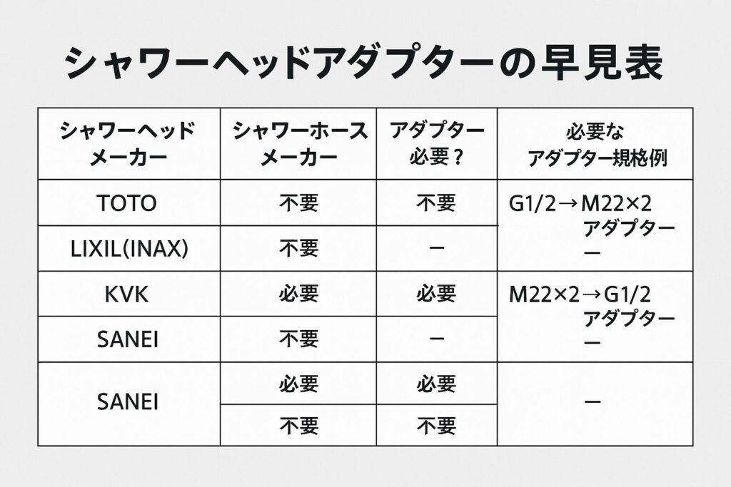 アダプター選びに便利な早見表